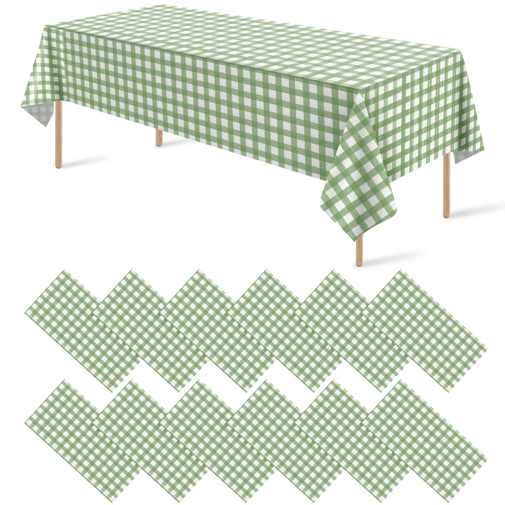 12Pack Sage Green Plastic Checkered Tablecloth, Premium Decorative Disposable Sage Green Gingham Plaid Table Cloths for Parties, Rectangle Party Table Cover for Picnic Birthday Wedding, 54x108 Inch