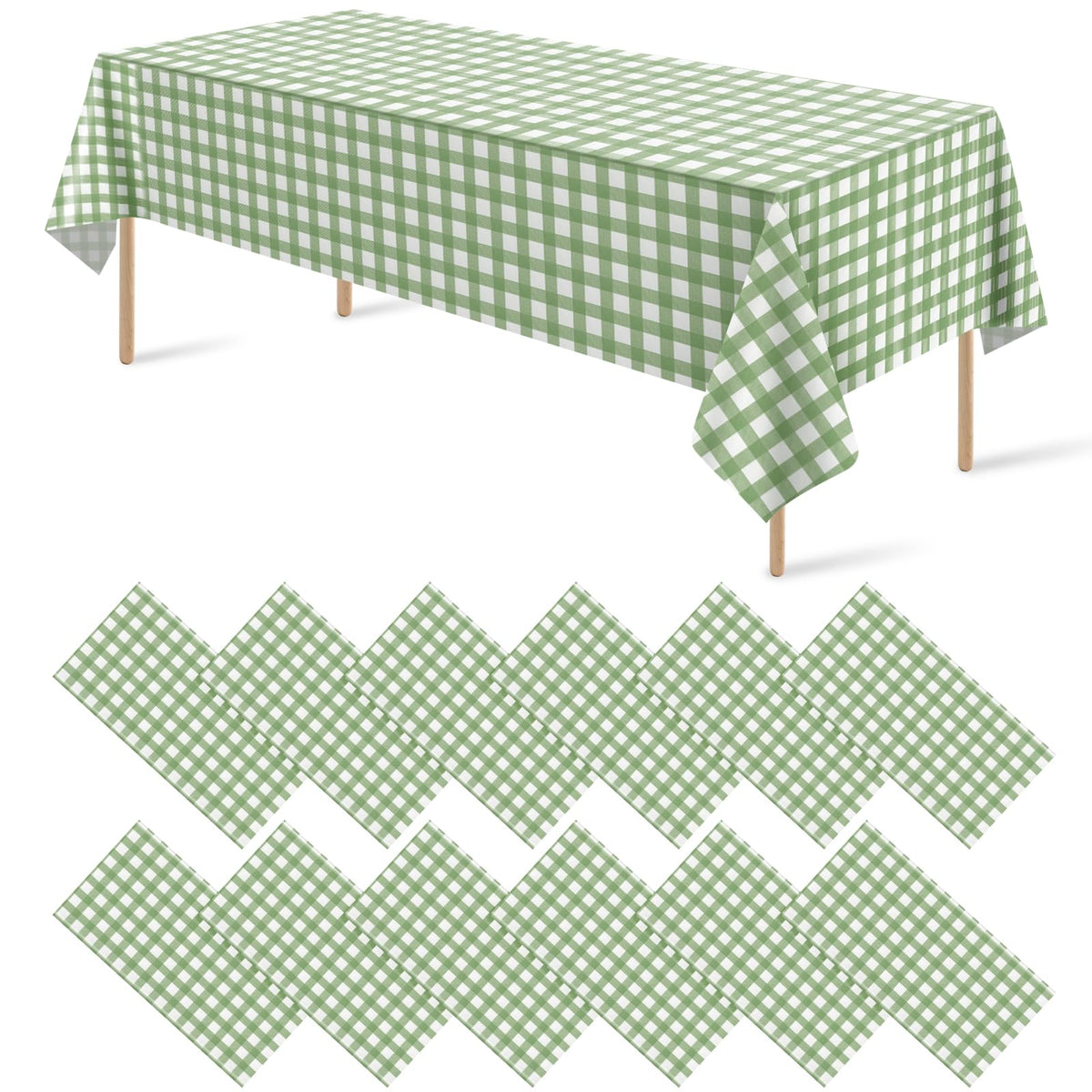 12Pack Sage Green Plastic Checkered Tablecloth, Premium Decorative Disposable Sage Green Gingham Plaid Table Cloths for Parties, Rectangle Party Table Cover for Picnic Birthday Wedding, 54x108 Inch