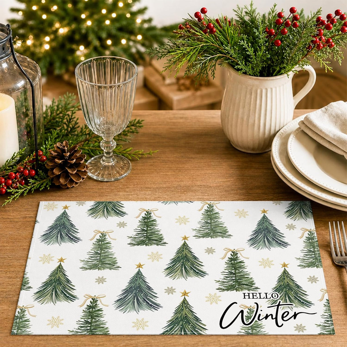 Bonhause Hello Winter Christmas Trees Placemats Set of 4, 12x18 Inch