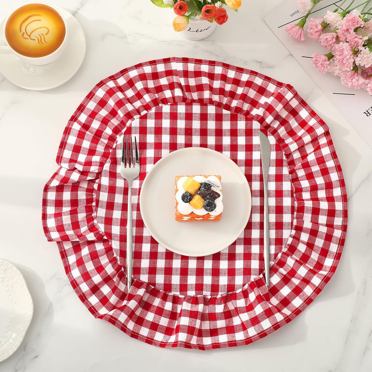 JarThenaAMCS 6 Pcs Ruffled Placemats, Red Plaid Gingham Table Mats, 17 Inch