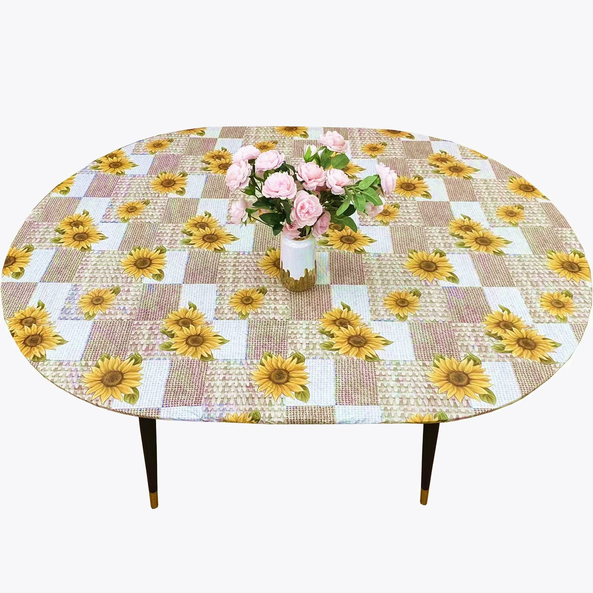 Pioggia Round Vinyl Fitted Tablecloth with Flannel Backing Elastic Table Cloth Waterproof Oil-Proof Plastic Table Cover Best for 37"-44" Round