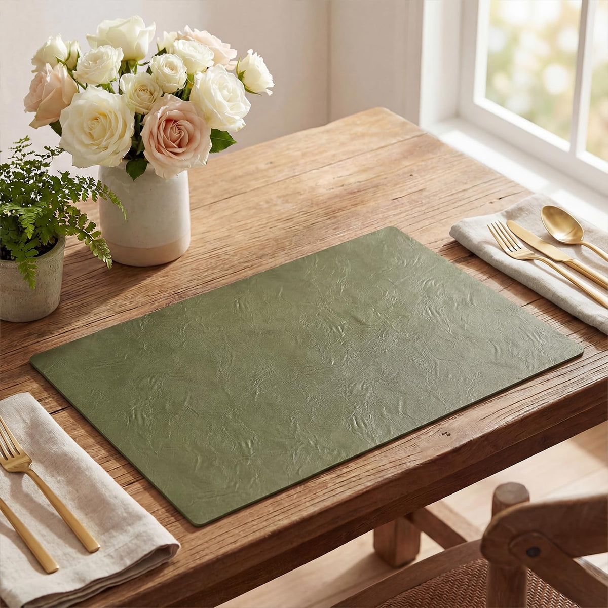 Artoid Mode Olive Green Faux Leather Placemats Set of 6, 12x18 Inch Waterproof Wipeable Heat Resistant Vinyl Place Mats, Reversible Table Mats for Kitchen Dining Decor
