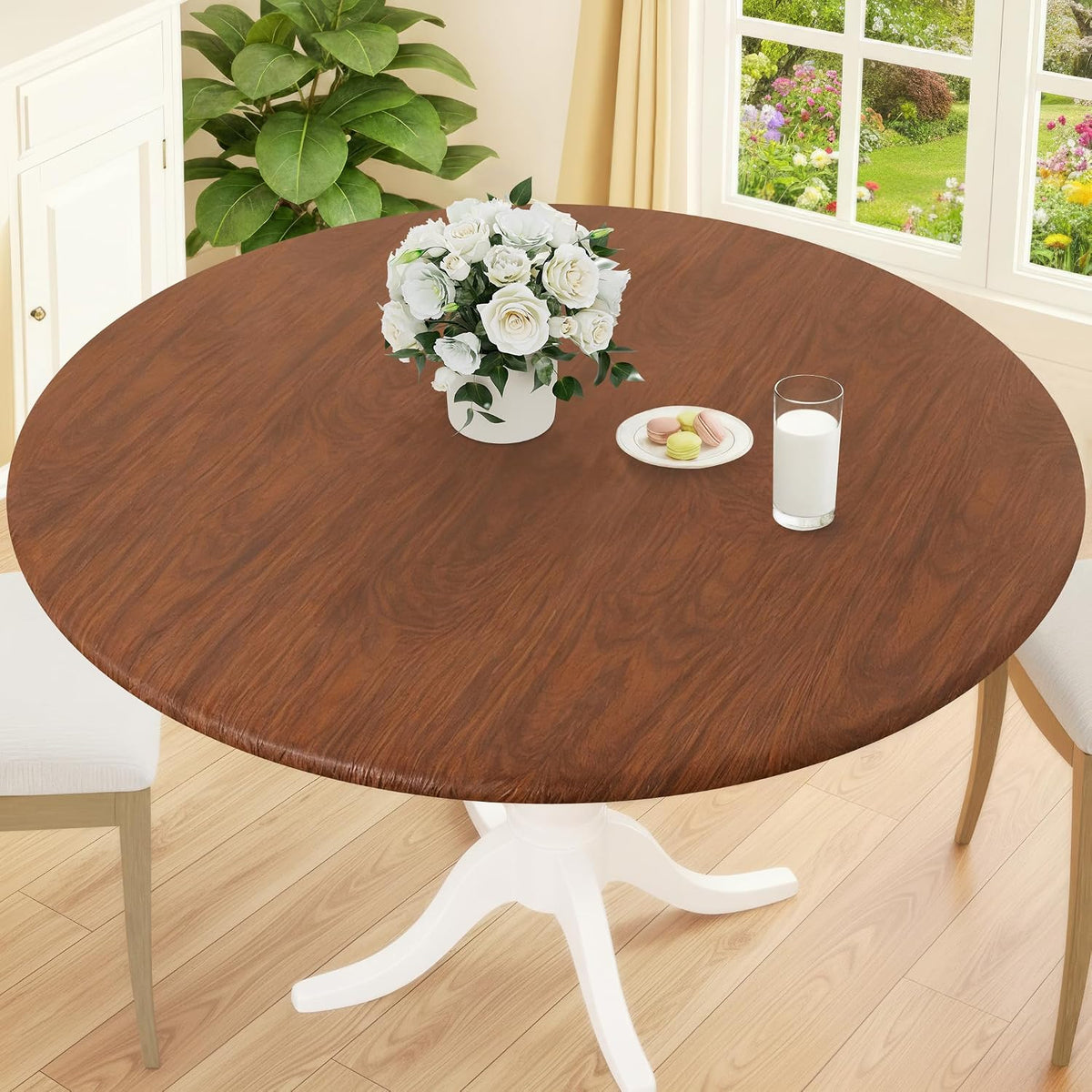 Smiry Round Picnic Tablecloth, Waterproof Elastic Fitted Table Covers for 45" - 56" Tables, Wipeable Flannel Backed Vinyl Tablecloths for Camping, Indoor, Outdoor, Brown