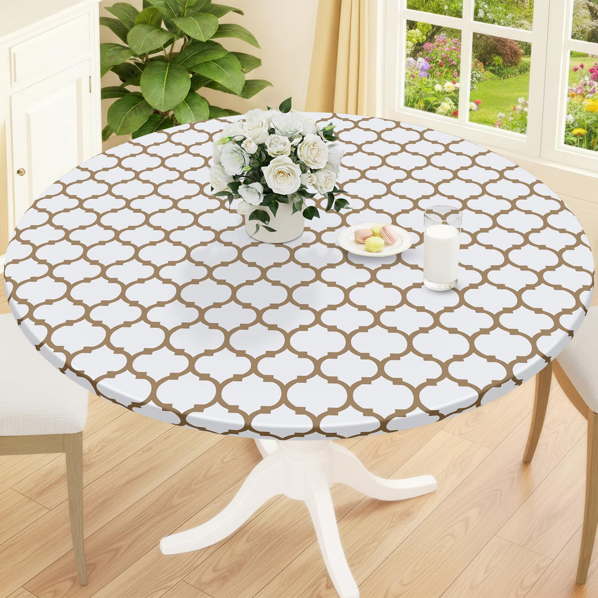 Smiry Round Picnic Tablecloth, Waterproof Elastic Fitted Table Covers for 45" - 56" Tables, Wipeable Flannel Backed Vinyl Tablecloths for Camping, Indoor, Outdoor, Brown