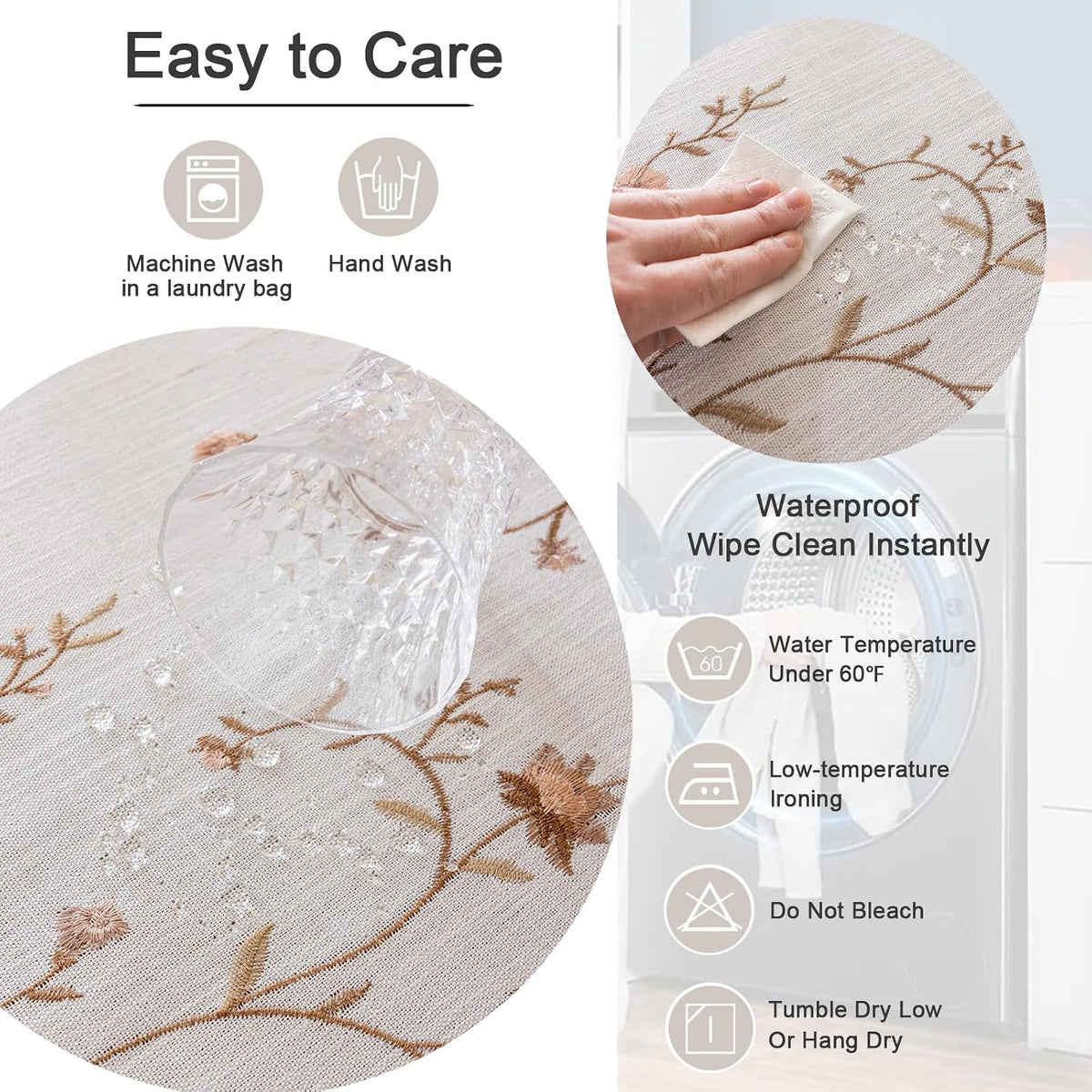 Joyfol Day Linen Waterproof Tablecloth with Tassels, Rustic Farmhouse Flowers Embroidery Table Cloths for Rectangle Tables, Heavy Weight Spill-Proof Table Covers, Coffee Florals, 55''x 120''
