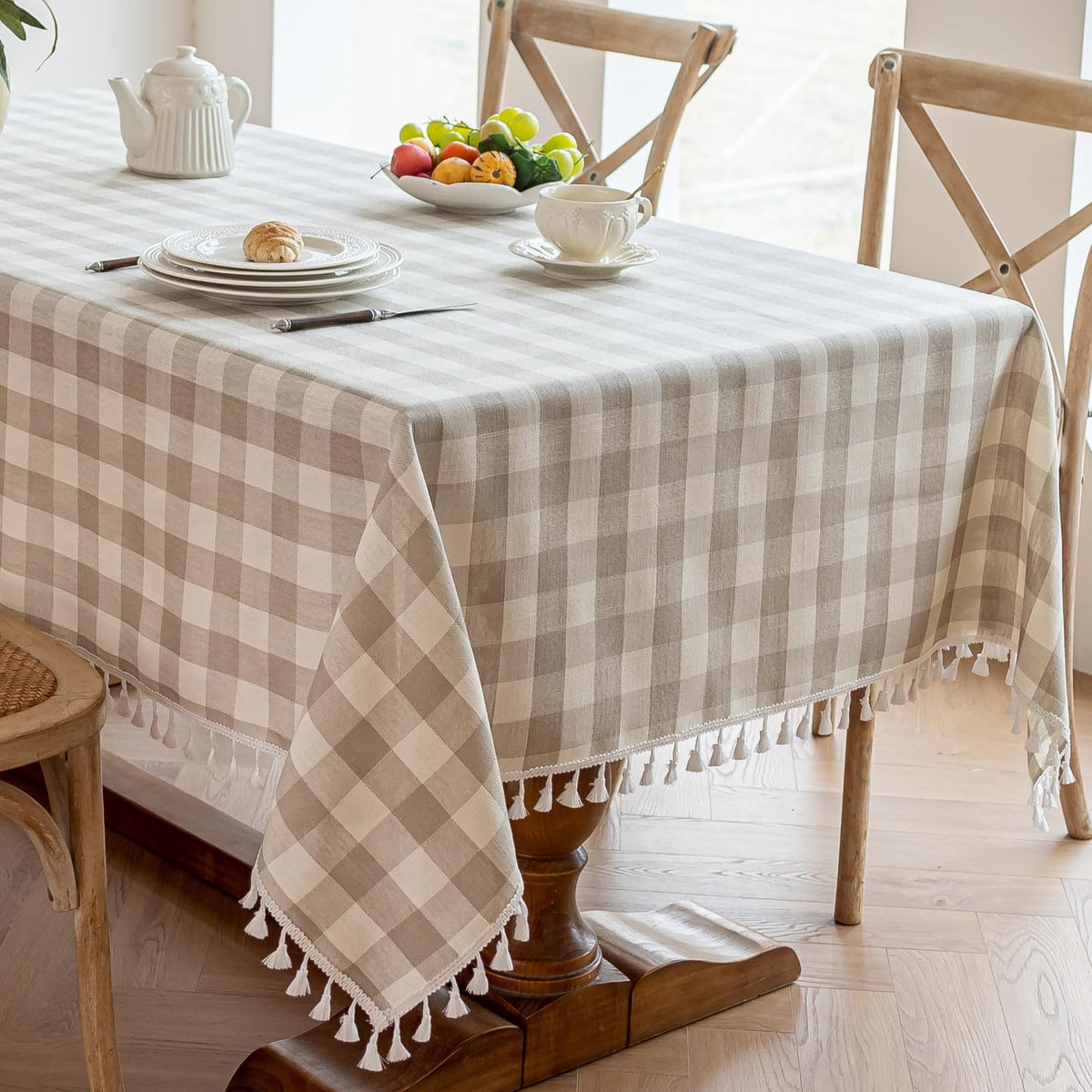 Alsoo Pink Gingham Tablecloth Rectangle 55 x 75 Inch, Washable Checkered Plaid Table Cloth Heavy Duty Linen Cotton Fabric for Mothers Day Outdoor Picnic Party Freshly Graduated