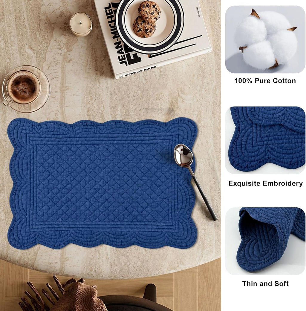 6 PC Quilted Placemats, 18"X13"Extra Large Cotton Placemats Set of 6, 100% Cotton Fabric Washable Cloth Table Mats for Kitchen & Dining Table - Soft &Easy Clean(Sapphire Blue, Rectangular)