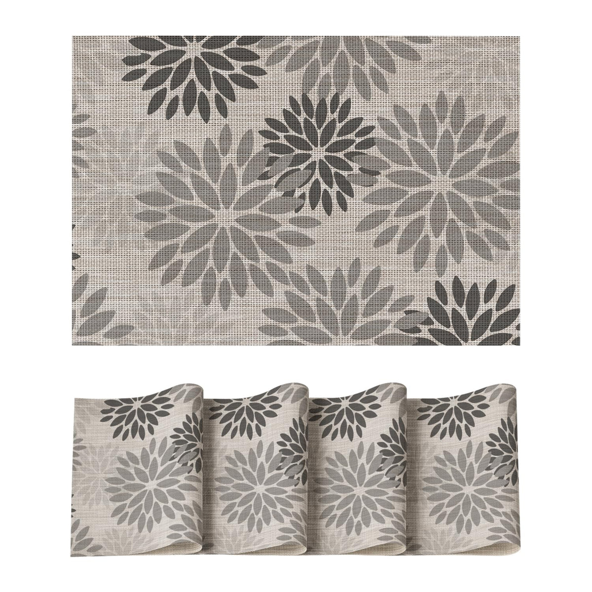 Artoid Mode Floral Vinyl Placemats Set of 4, Heat Resistant Washable Non-Slip Plastic PVC Place Mats for Party Kitchen Dining Decor, Blue Grey