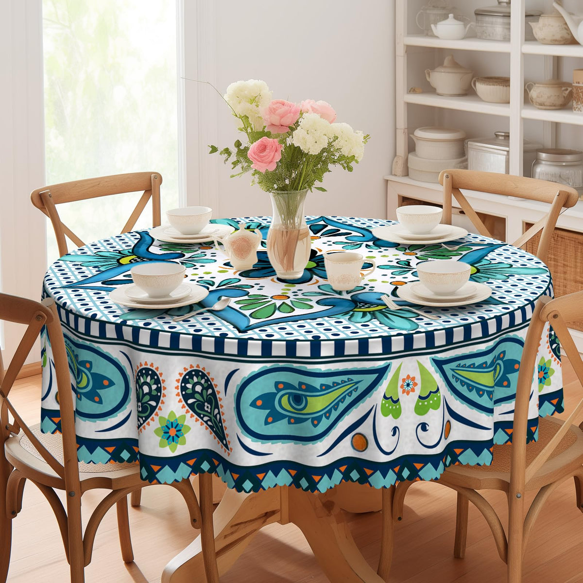 Eikione 60Inch Round Tablecloth Waterproof Stain Wrinkle Free Table Cover
