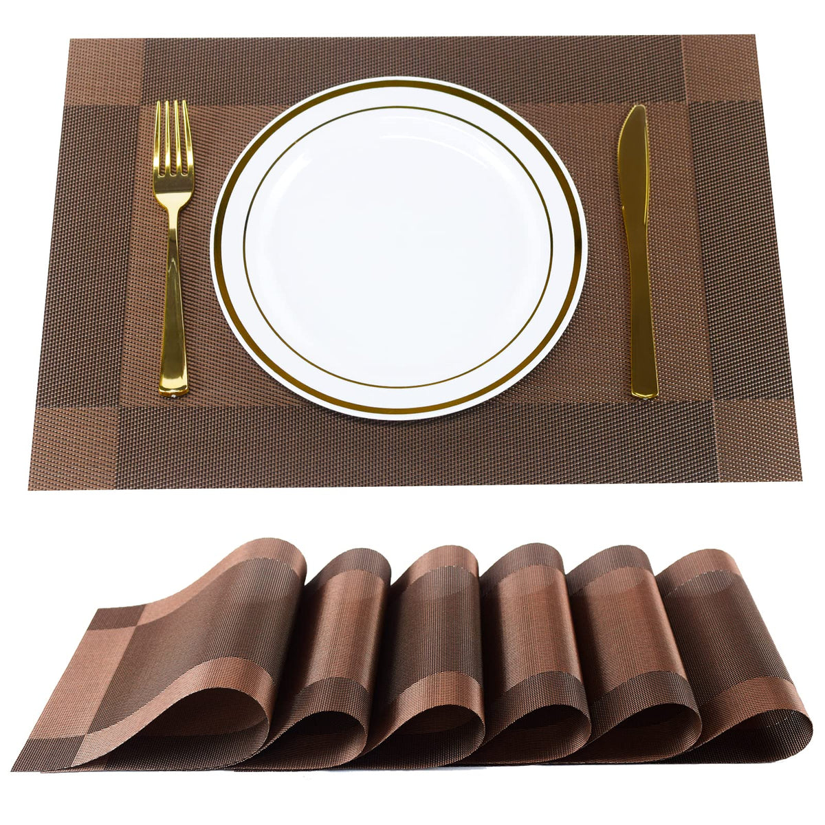 Placemats, Placemats Set of 6, Table Place Mats for Kitchen Dining, Heat-Resistant Anti-Skid Stain Washable PVC Table Mats, Easy to Cleaning Woven Vinyl Dinner Mats (Gold)