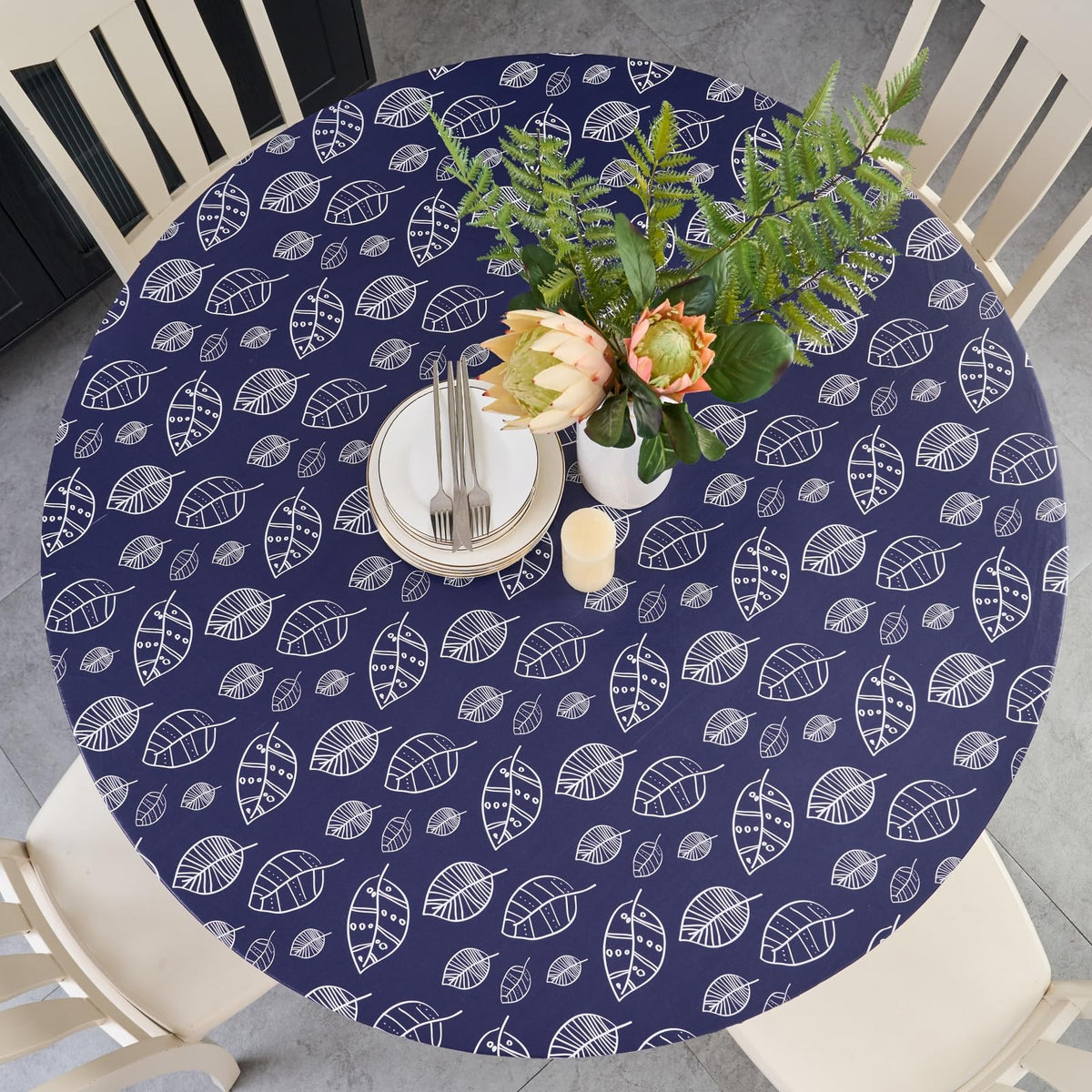 Pioggia Round Vinyl Fitted Tablecloth with Flannel Backing Elastic Table Cloth Waterproof Oil-Proof Plastic Table Cover Best for 37"-44" Round