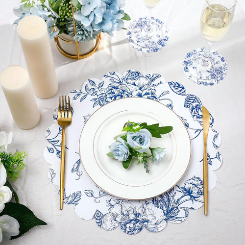 100 Pcs Vintage Blue Floral Paper Placemats Coaster Scalloped Edge