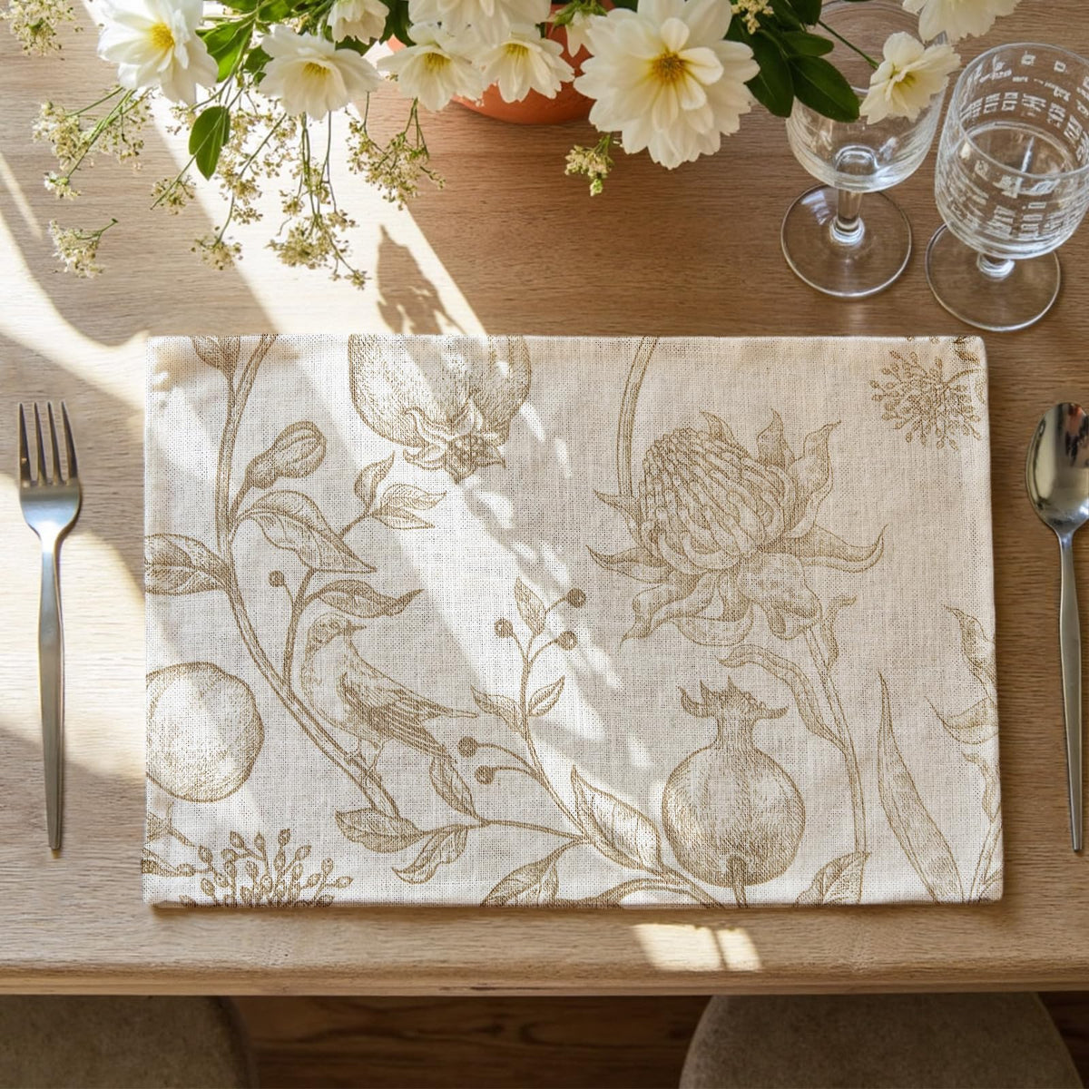 jinchan Linen Floral Placemats Set of 4 Farmhouse 13x19 Inch Green