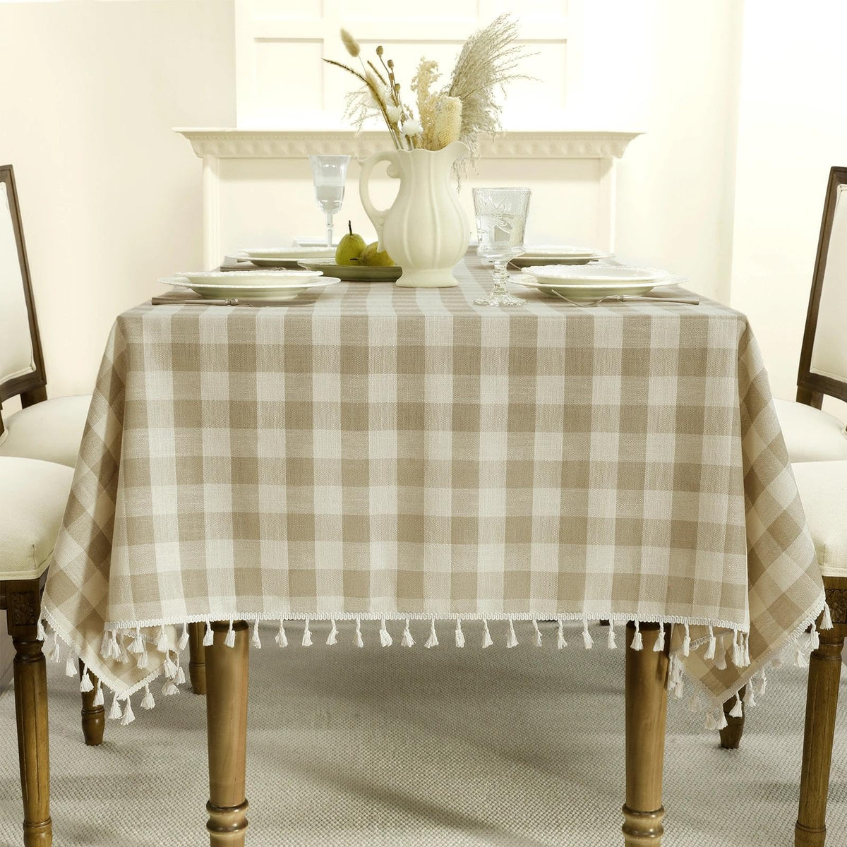 Romanstile Gingham Tassel Tablecloth Rectangle - 55 x 70 Inch, Sage Green