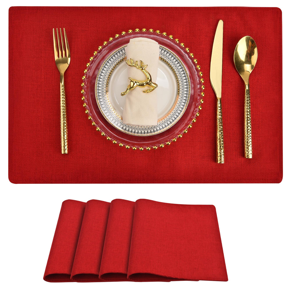 SLKQG Beige Faux Cotton Linen Placemats Set of 6, Heat Resistant Washable Double Layer Cloth Place Mats for Dining Table, Wrinkle Resistant Linen Textured Farmhouse Kitchen Decor（6，Beige）