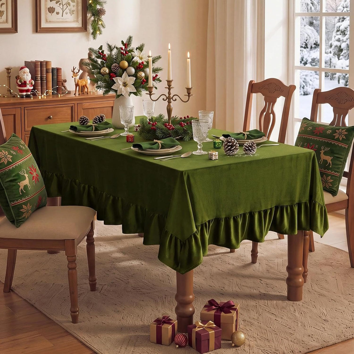 Romanstile Velvet Ruffle Rectangle Tablecloth, 60 x 84 Inch Olive Green