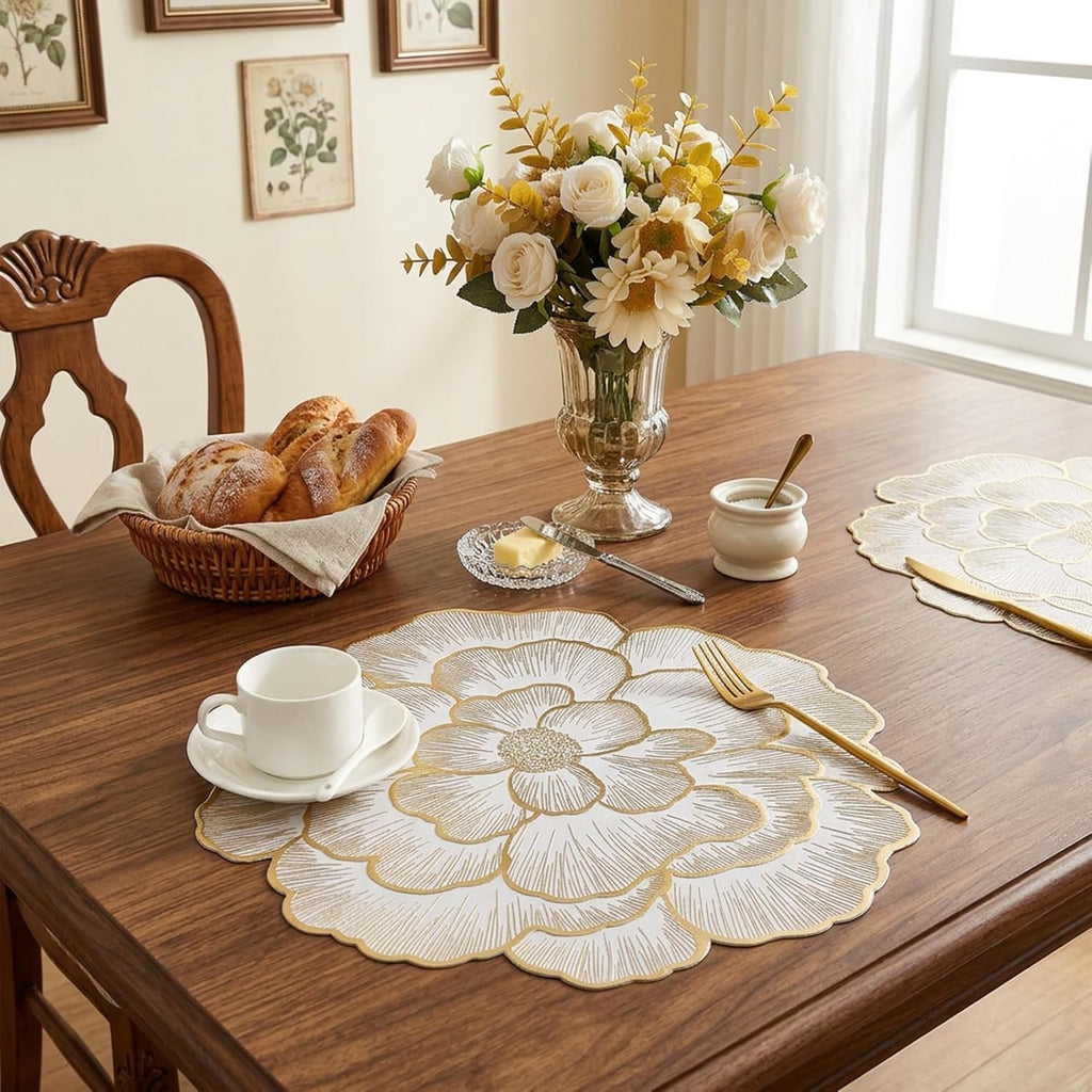Gold Flower Placemats Set of 6, Metallic Pressed Vinyl Round Table Mats