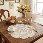Gold Flower Placemats Set of 6, Metallic Pressed Vinyl Round Table Mats