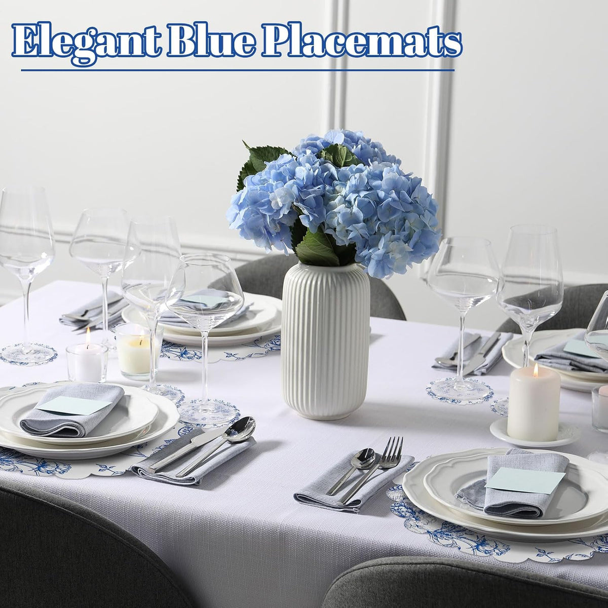 100 Pcs Vintage Blue Floral Paper Placemats Coaster Scalloped Edge