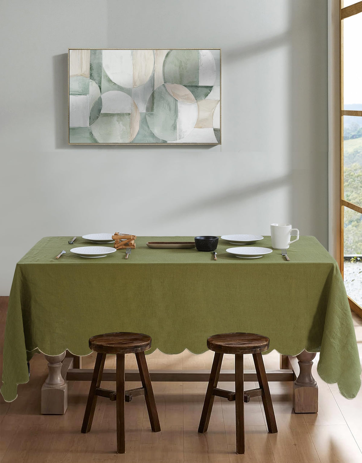 100% French Flax Linen Scalloped Embroidery Rectangle Tablecloths 120Lx60W Inch for Dinners, Parties, Spring, Machine Washable, 10-12 Sets, 60''x120'', Linen(Edges-Gold)