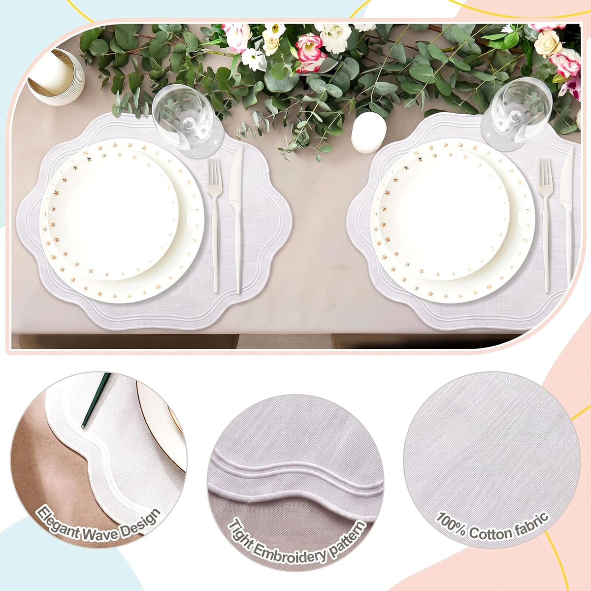 Breling 6 Pcs White Cotton Scalloped Placemats Embroidered Table Mats