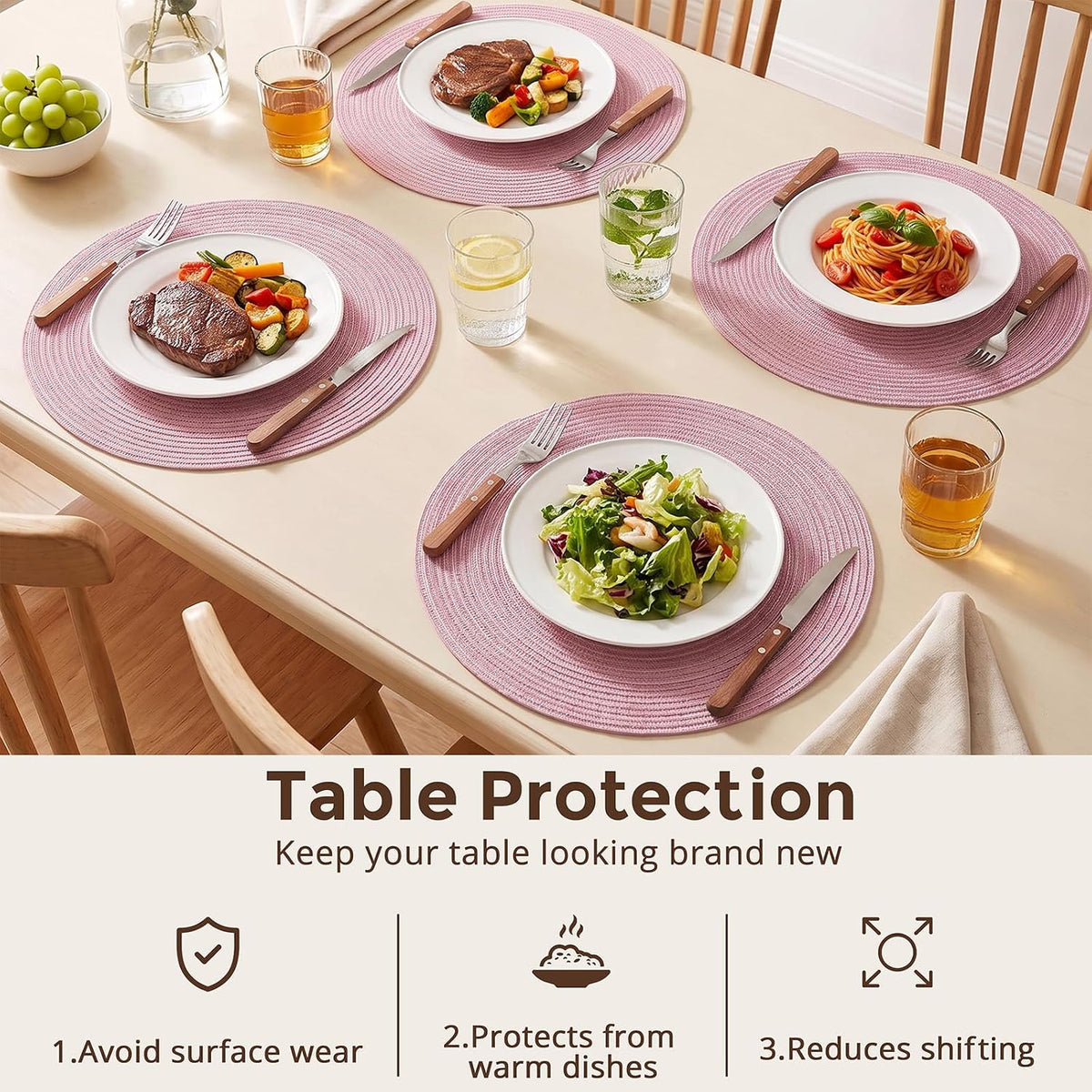 Topotdor Round Placemats Set of 6,Washable Woven Table Mats,Pink