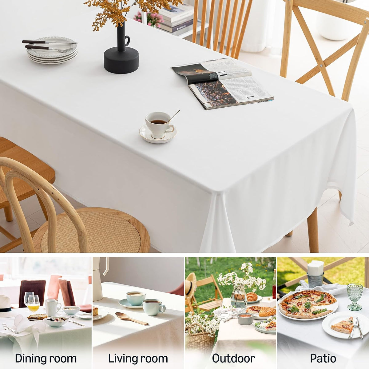 Amazon Basics Thin Rectangle Tablecloth, Water-Resistant Textured Fabric, Wrinkle Resistant, Washable Decorative Table Cover for Dining, Parties, 60" x 84", White, Pack of 1