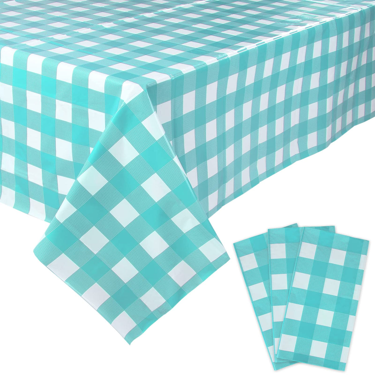 Kesfey 3 Packs Light Blue Gingham Tablecloth Pale Blue and White Checkered Tablecloths 54 x 108 Inches Disposable Plastic Gingham Tablecovers Waterproof Rectangle Picnic Table Cover for Birthday Party