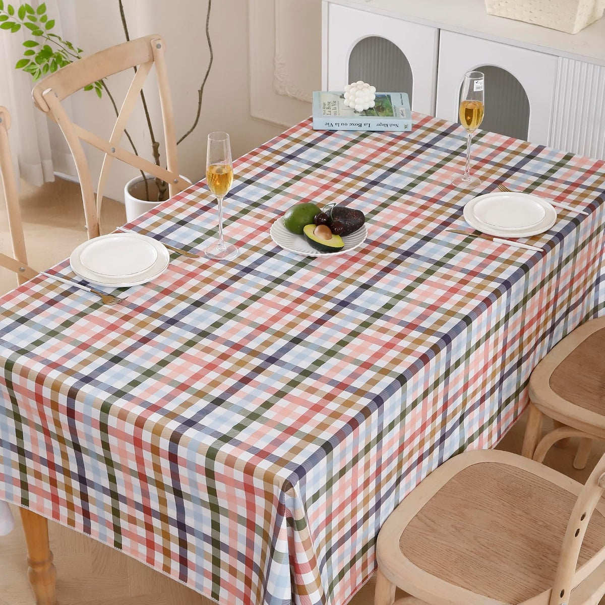 Heavy Duty Vinyl Tablecloth with Flannel Backing Waterproof Oil-Proof Plastic Table Cloth Stain-Resistant Wipeable Rectangle or Square Table Cover for Indoor and Outdoor (Color Checkered,54x54 Inch)