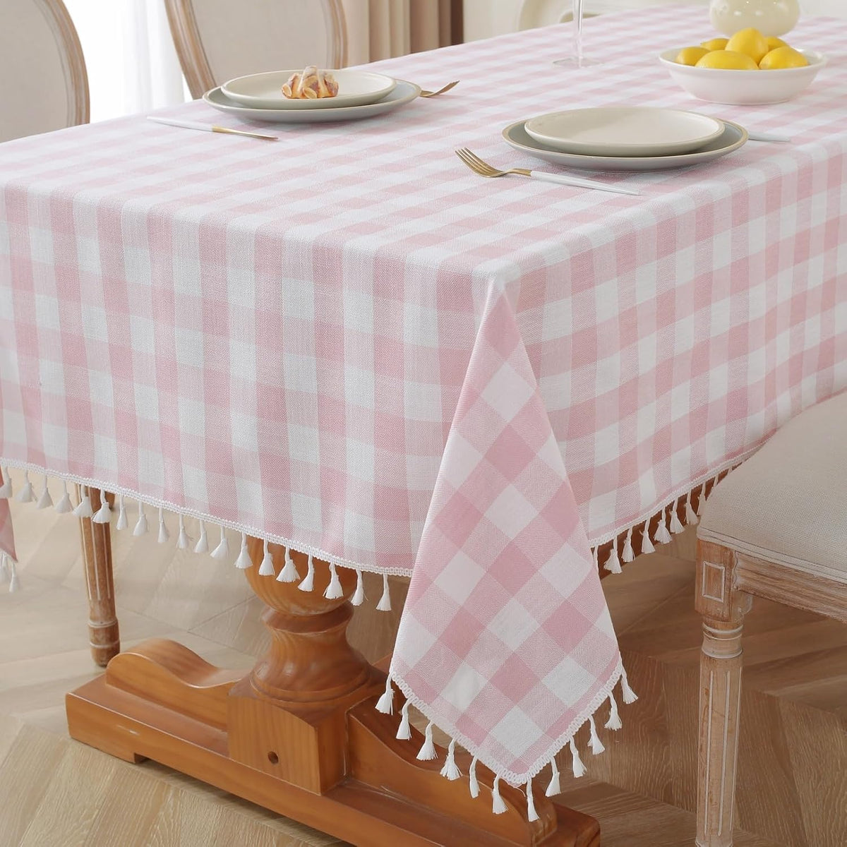 Alsoo Pink Gingham Tablecloth Rectangle 55 x 75 Inch, Washable Checkered Plaid Table Cloth Heavy Duty Linen Cotton Fabric for Mothers Day Outdoor Picnic Party Freshly Graduated