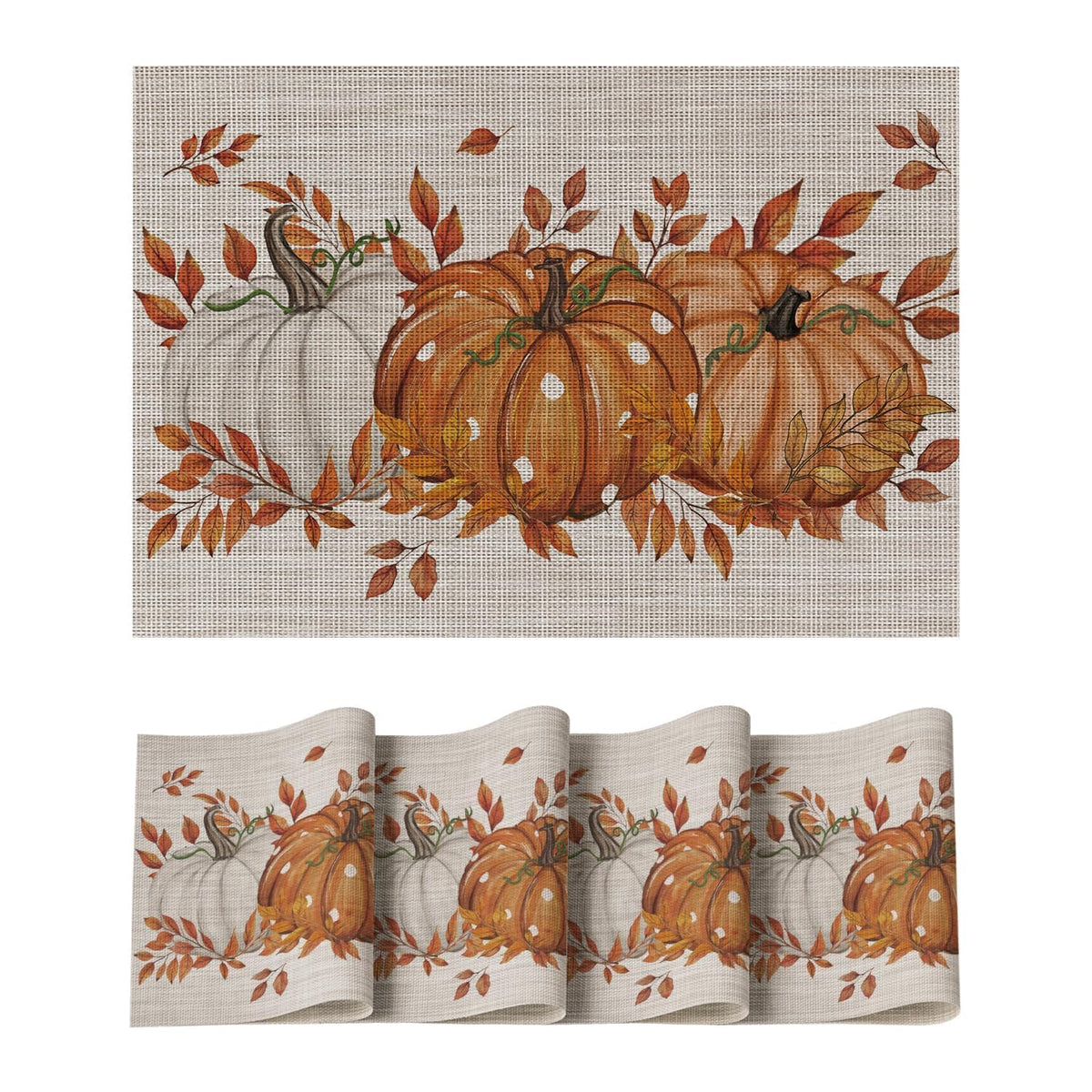 Artoid Mode Pumpkins Leaves Fall Vinyl Placemats Set of 4, Wipeable Colorful Printing PVC Place Mats for Party Kitchen Dining Decor, Beige