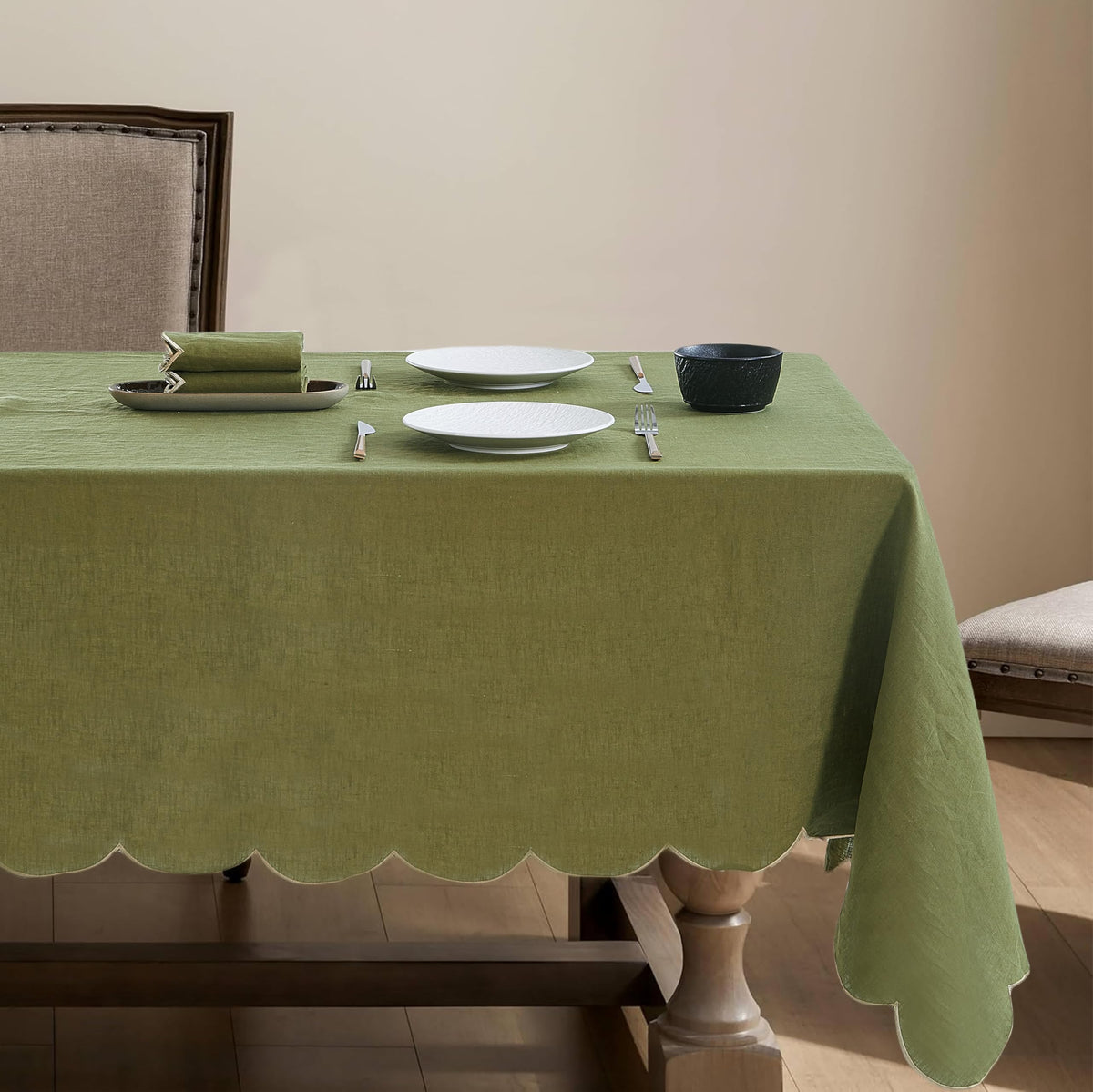 100% French Flax Linen Scalloped Embroidery Rectangle Tablecloths 120Lx60W Inch for Dinners, Parties, Spring, Machine Washable, 10-12 Sets, 60''x120'', Linen(Edges-Gold)
