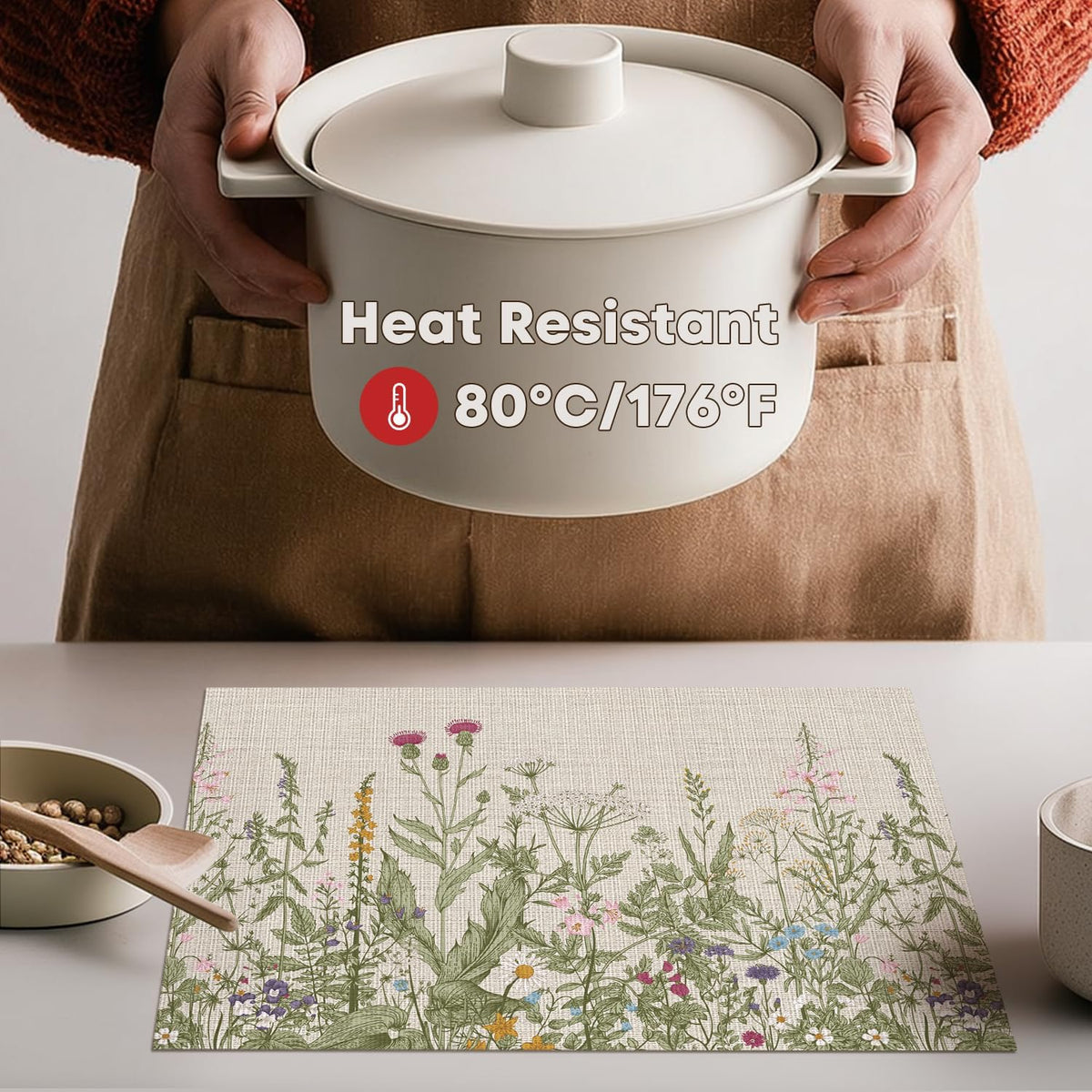 Artoid Mode Wildflower Vinyl Placemats Set of 4, Washable Non-Slip Plastic PVC Table Mats for Spring Party Kitchen Dining Decor, 12x18 Inch