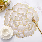 Gold Flower Placemats Set of 6, Metallic Pressed Vinyl Round Table Mats