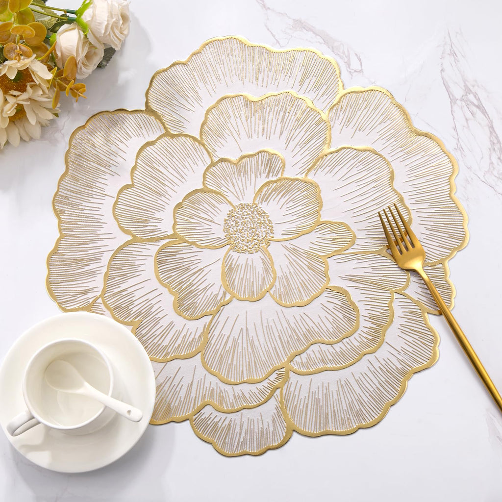 Gold Flower Placemats Set of 6, Metallic Pressed Vinyl Round Table Mats