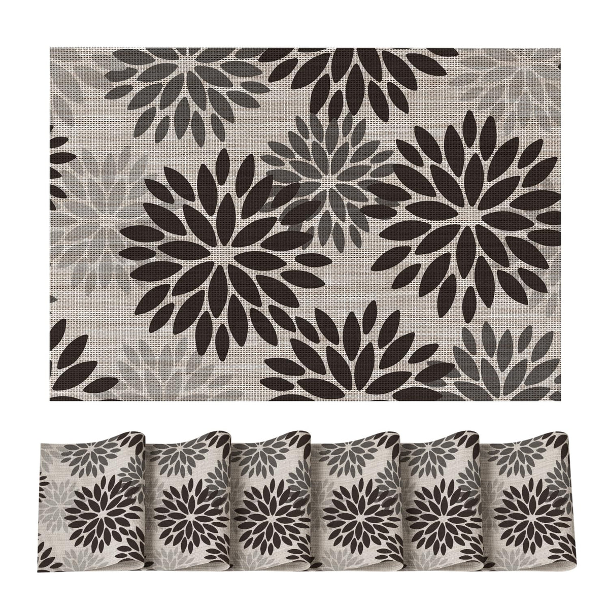 Artoid Mode Floral Vinyl Plistic Placemats Set of 6, Heat Resistant Washable Non-Slip PVC Place Mats for Party Kitchen Dining Decor, Blue Grey