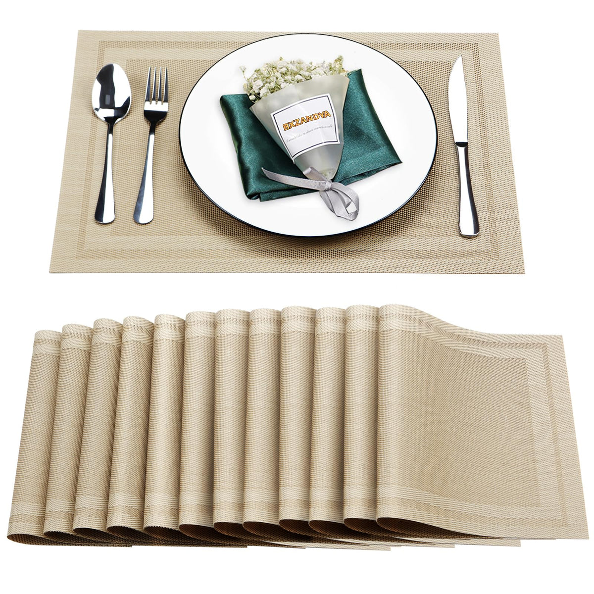 Beige Vinyl Placemats Set of 6,Washable Dining PVC Table Mats