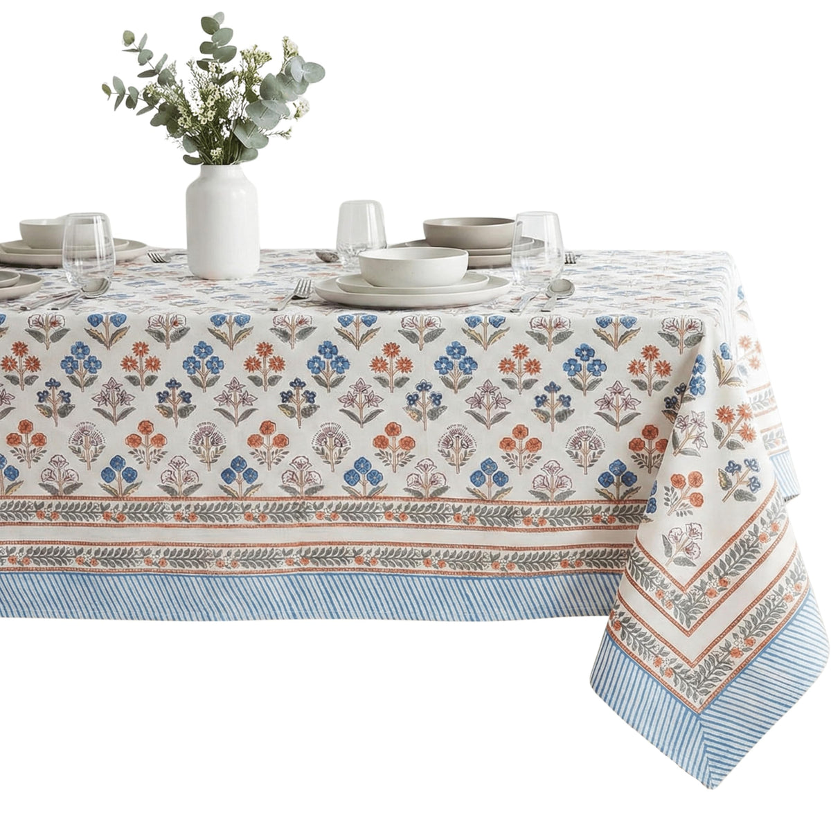 ATOSII Cotton Blockprint Rectangle Table Cloth, Clover Blue, 108" X 60"