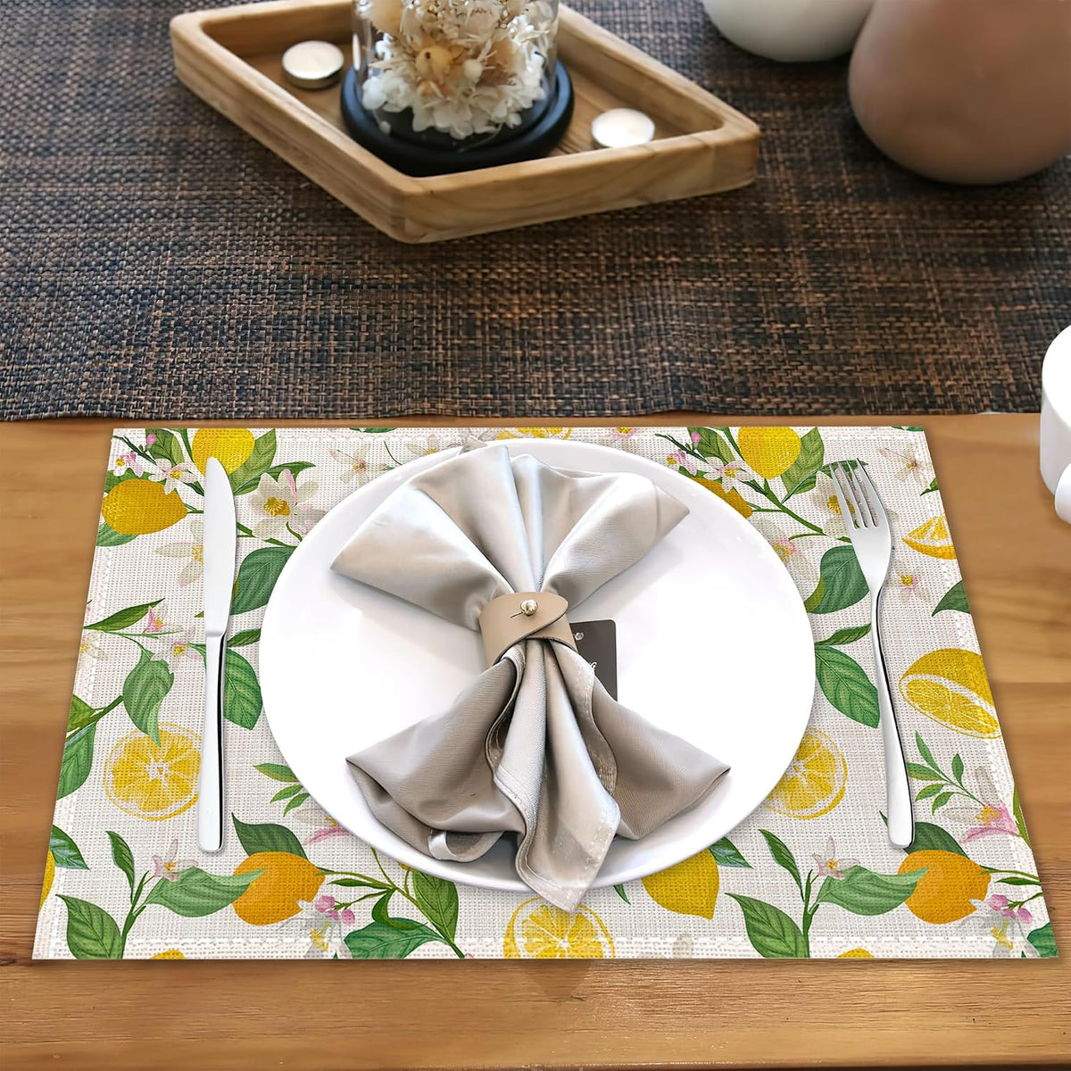 Lemon Placemats for Dining Table Set of 6,Summer Flower Leaves Place Mats for Home Party Kitchen Indoor Holiday Rustic Washable Heat Resistant Table Mats 12 x 18 Inch