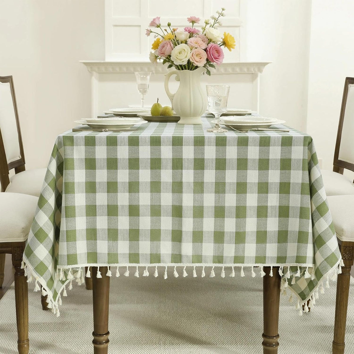 Romanstile Gingham Tassel Tablecloth Rectangle - 55 x 70 Inch, Sage Green