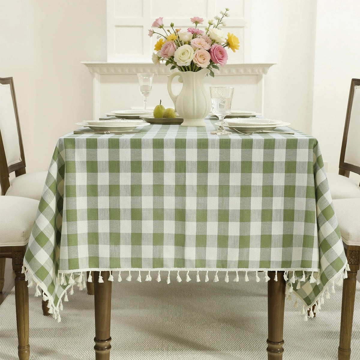 Romanstile Gingham Tassel Tablecloth Rectangle - 55 x 70 Inch, Sage Green