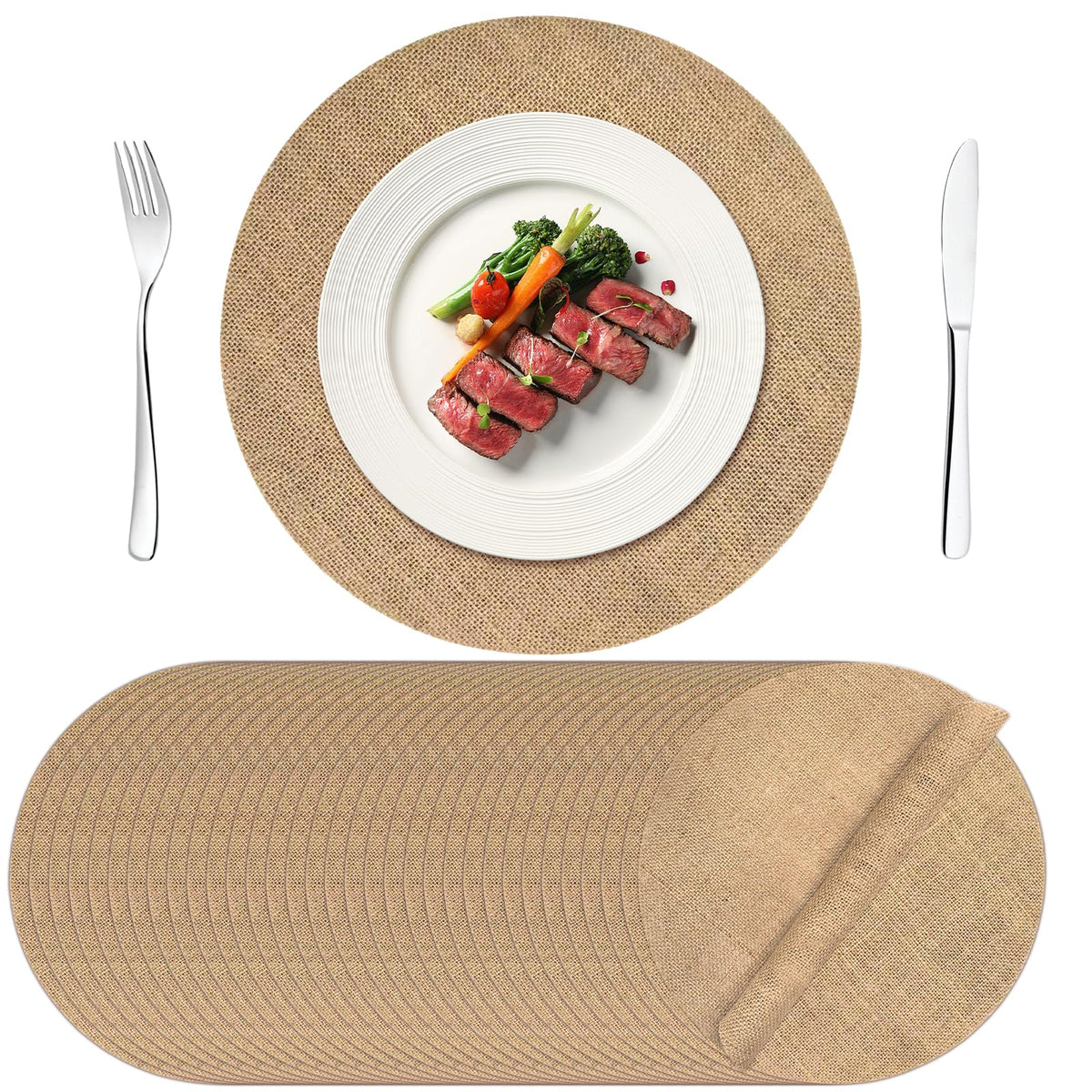 100 Pcs Round Burlap Placemats 11.8 Inch Bulk Burlap Reusable Placemats Circle Brown Table Mats Rustic Table Decorations for Dinner Wedding Farmhouse Table Decor