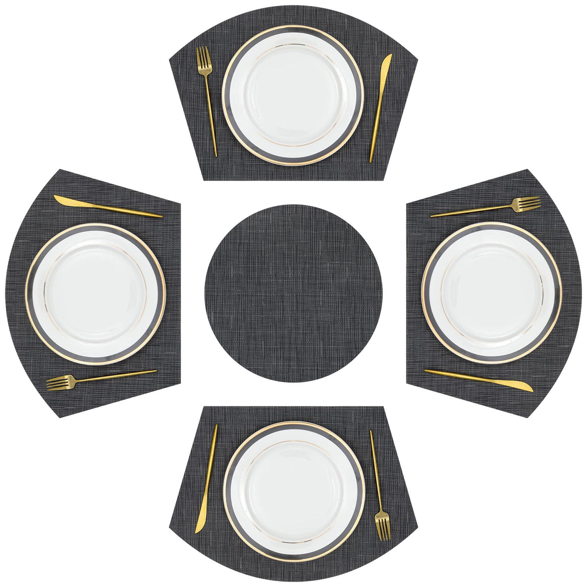 SHACOS Large Size Wedge Shape Placemats with Centerpiece Round Mat Set of 5 Round Table Place Mats Washable Dining Table Placemats Reversible, Beige