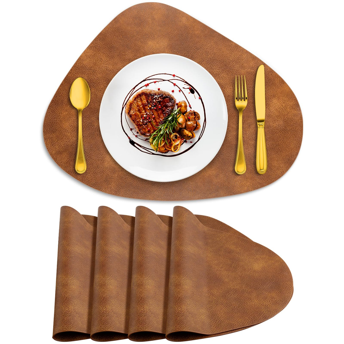 ADRIMER Placemats, Heat Resistant Round Placemats Set of 4 Washable 13 x 17 Inch, Waterproof Table Mats for Kitchen, Dining Room Table Christmas Decor, Turmeric Brown+Camel+Green+Blue