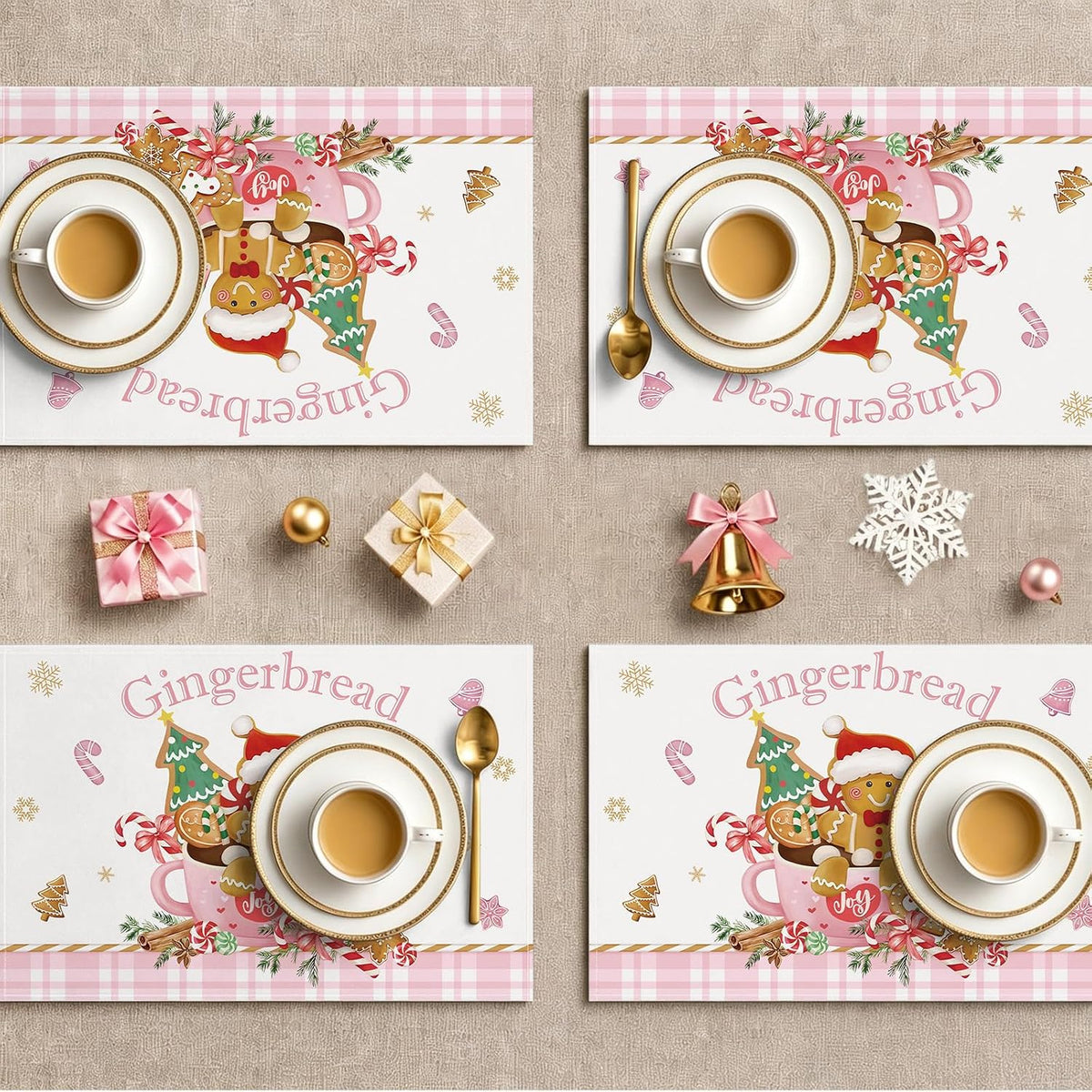 Bonhause Christmas Gingerbread Man Pink Placemats Set of 4, 12x18 Inch