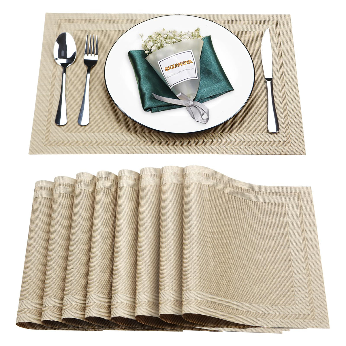 Beige Vinyl Placemats Set of 6,Washable Dining PVC Table Mats