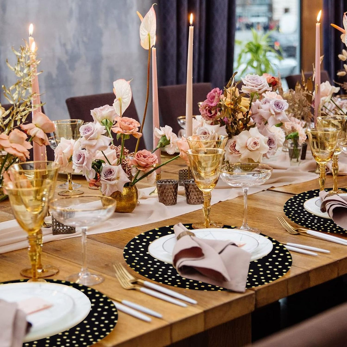 50 Pcs 14 Inch Black and Gold Foil Paper Place Mats Golden Polka Dots Round Placemats Disposable Decorative Table Mats for Wedding Banquet Party Home Dining Table Decor