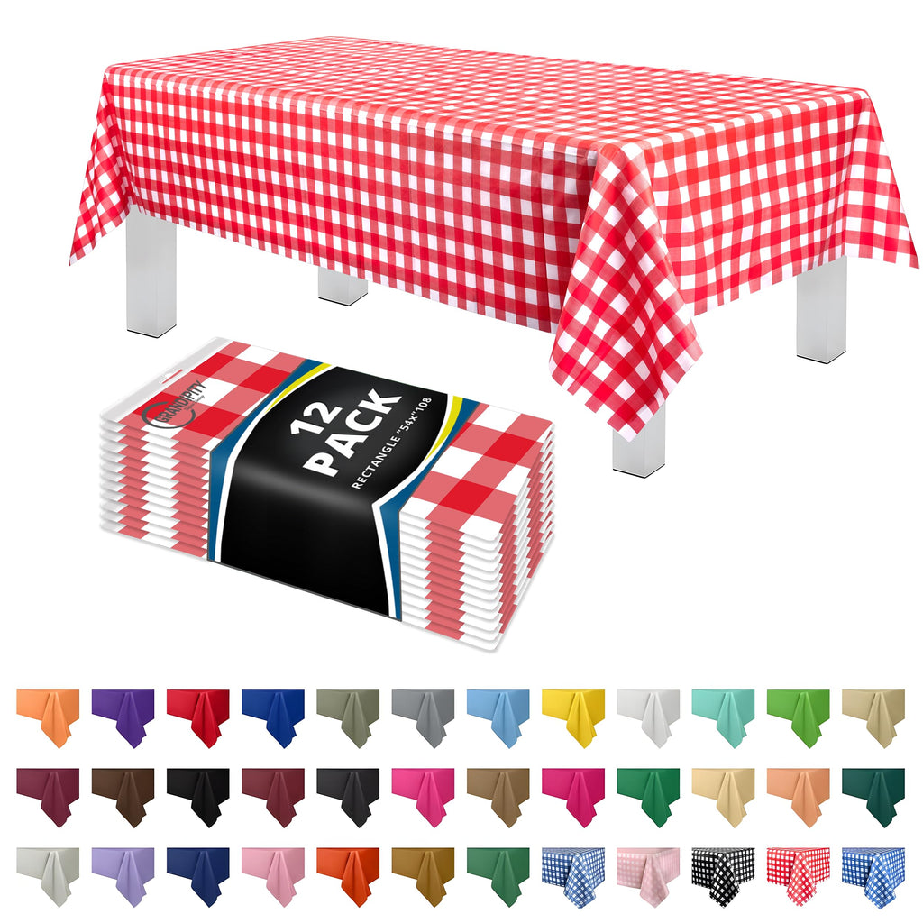 Grandipity Plastic Table Cloth Disposable 12 Pack 54” x 108” Rectangle