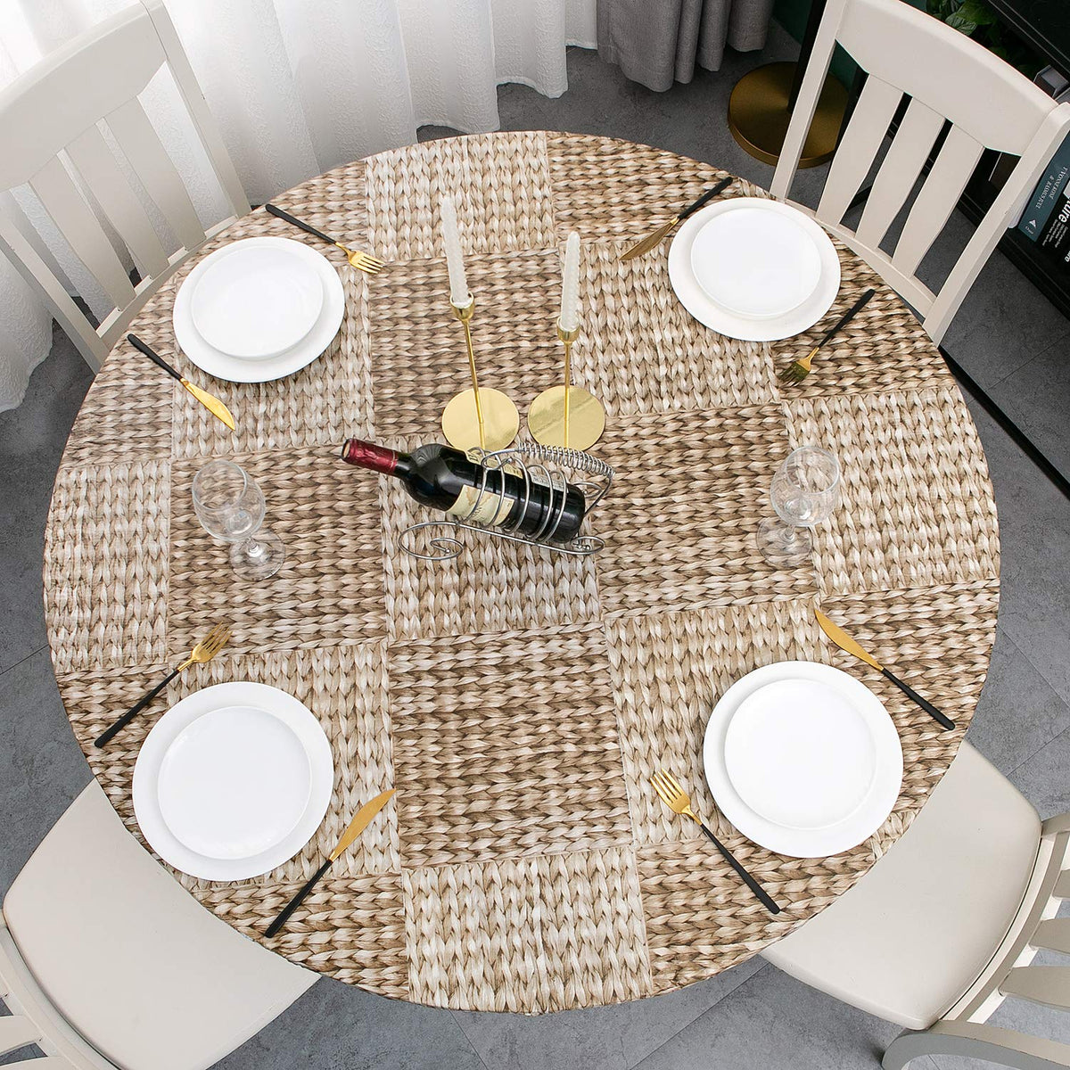 Pioggia Round Vinyl Fitted Tablecloth with Flannel Backing Elastic Table Cloth Waterproof Oil-Proof Plastic Table Cover Best for 37"-44" Round