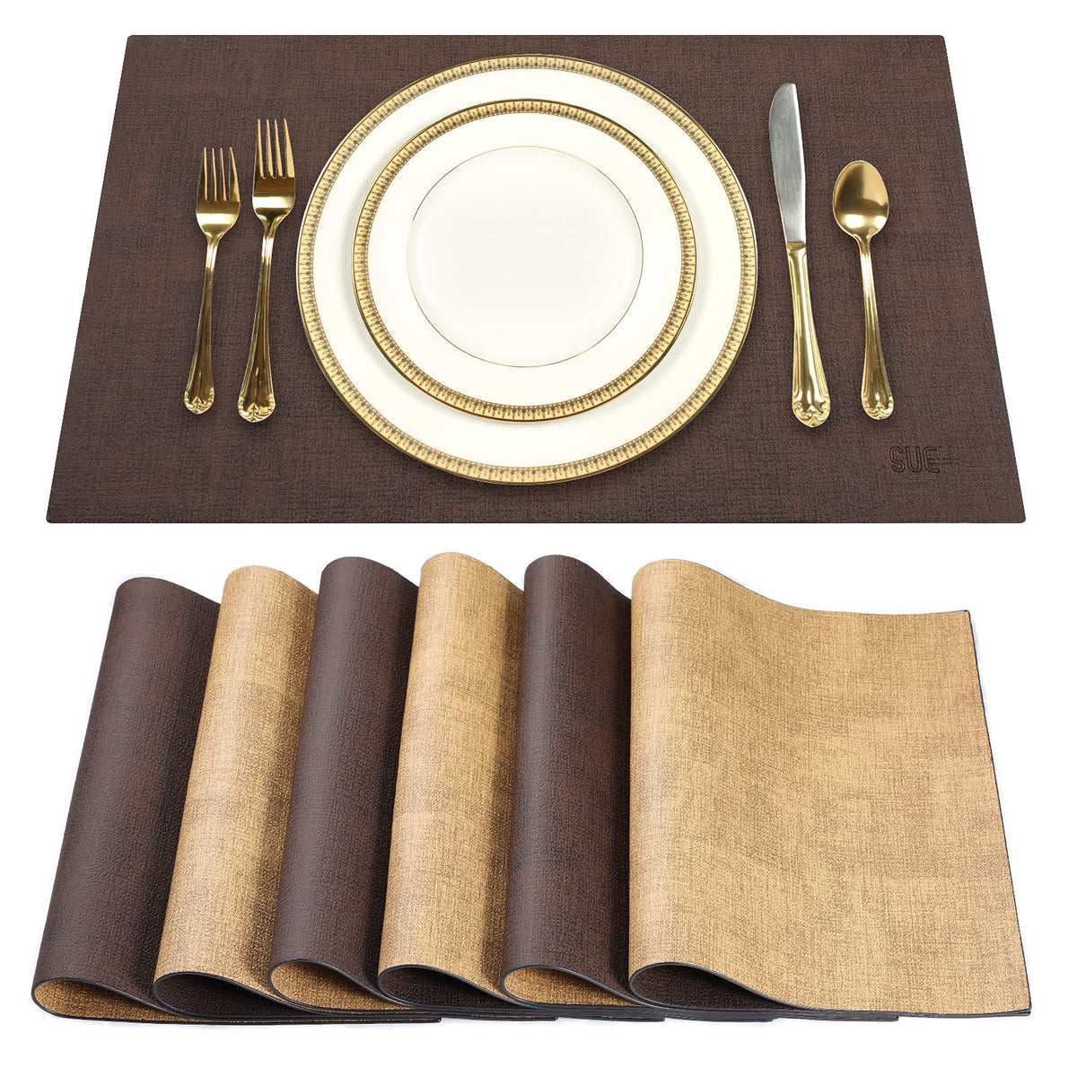 SUEH DESIGN Leather Placemats Table Mats Set of 6, Light Grey & Smoky Grey